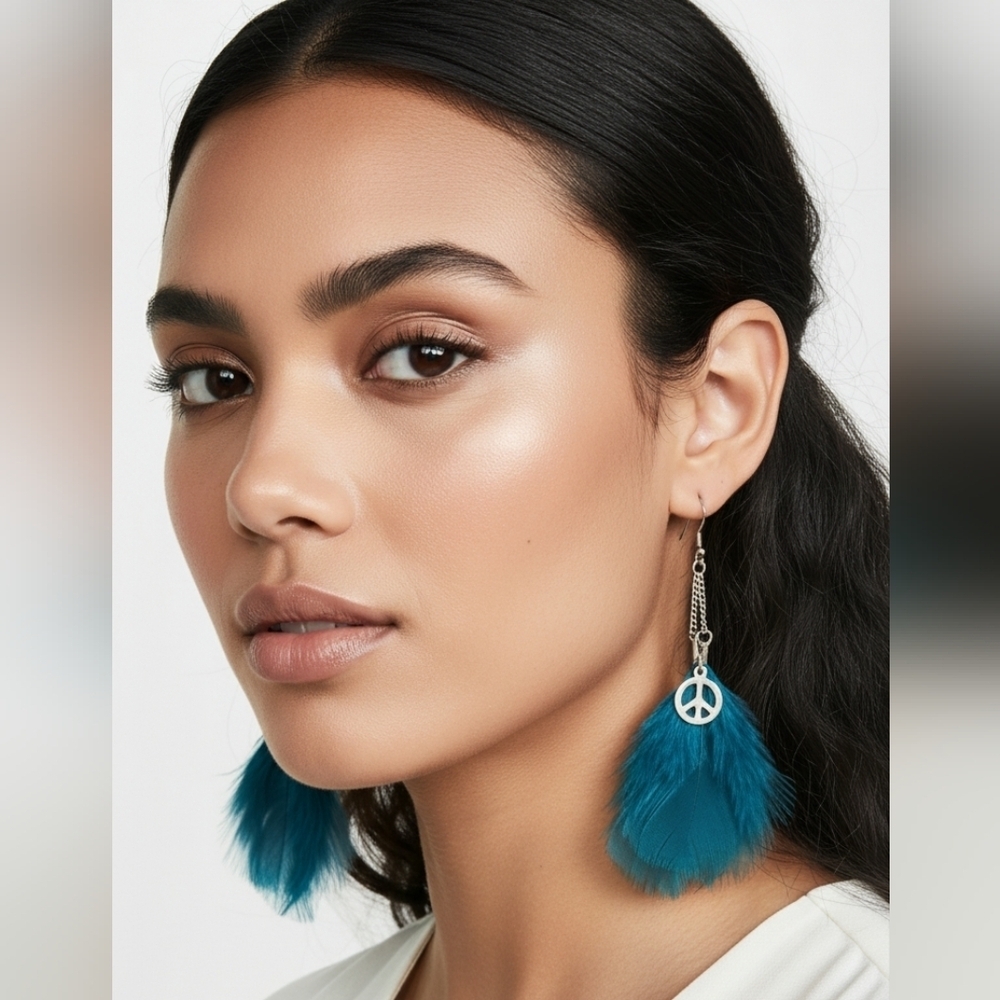 Claire's Teal Feather Peace Sign Earrings